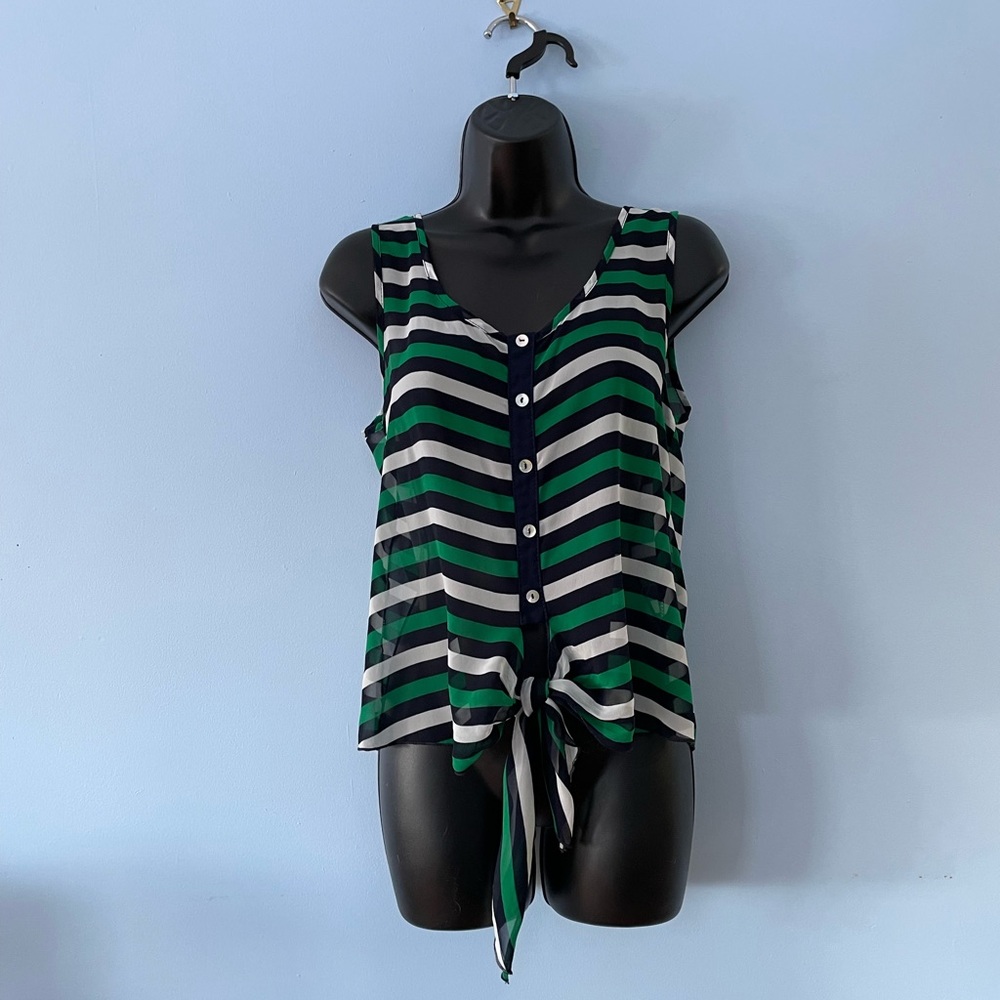 Summer Striped sheer tank blouse with front buttons and crop tie